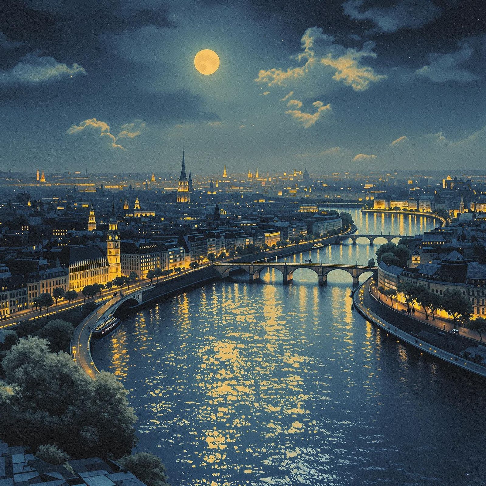 Moonlit Paris: The Seine River Reflects Elegance