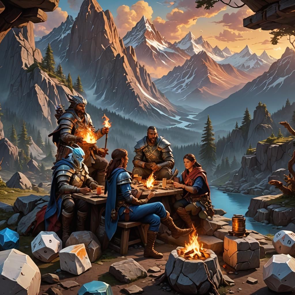 D&D Party Camping at Sunset, Digital Art