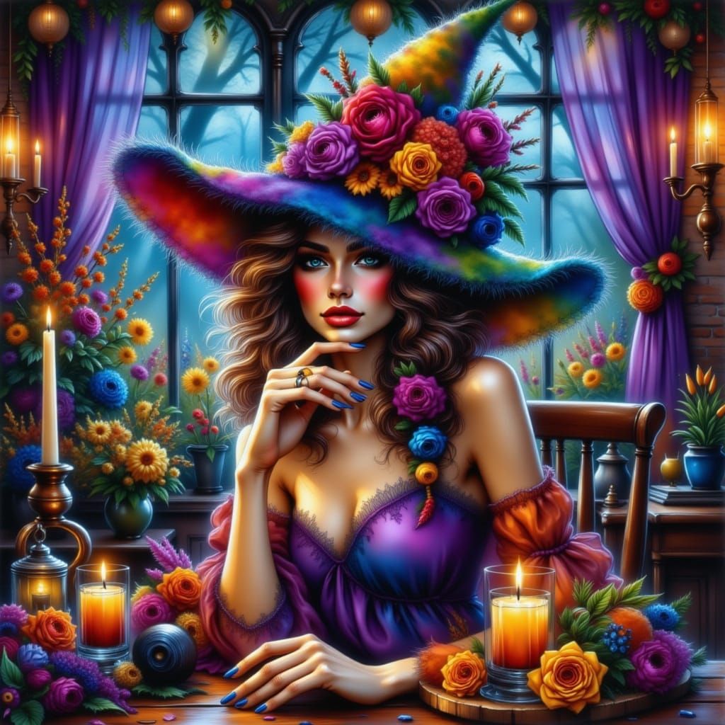 Mystical Witch at Pendulum Table in Digital Photo Art Style