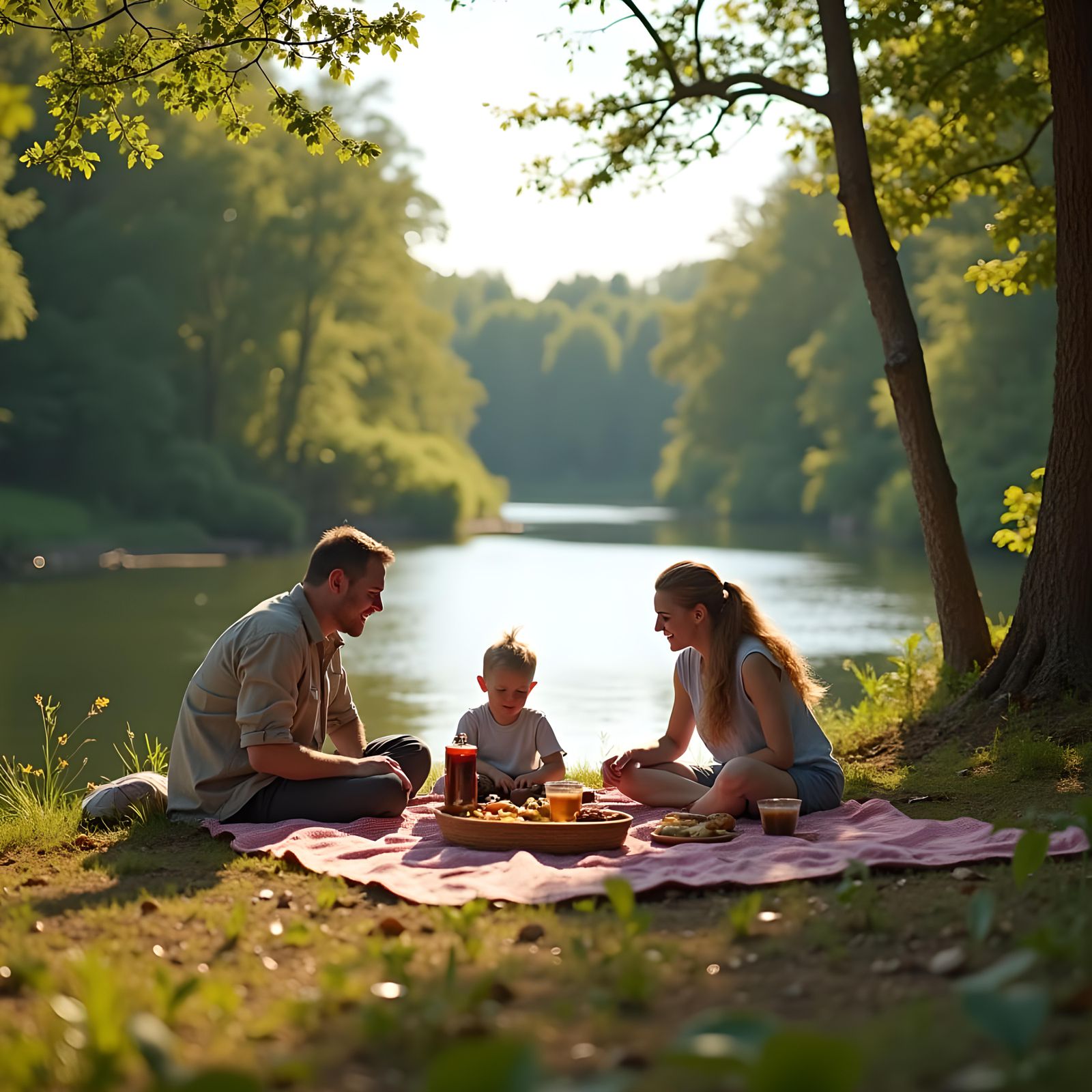Family Picnic by River in Nature