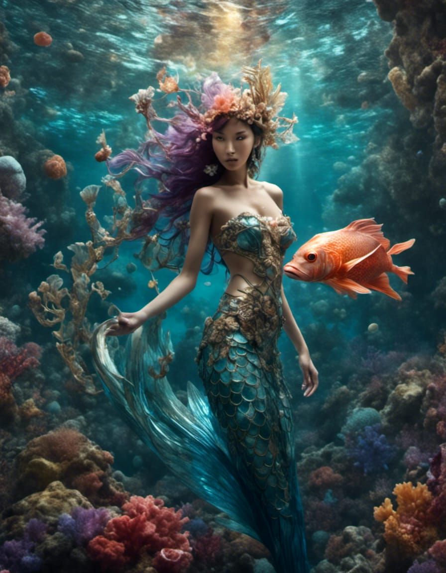 Asian Mermaid with Octopus in Hyperreal Style