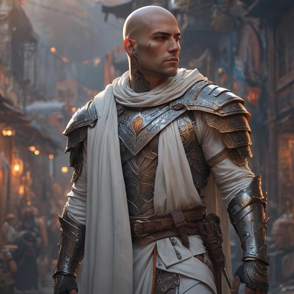 Rugged Fantasy Warrior Embracing Wilderness in Vibrant Blues...