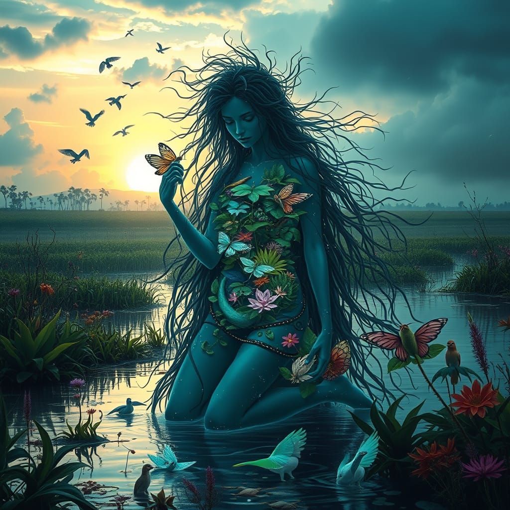 Mystical Being in Lush Wetland, Surrounded by Stormy Weather...