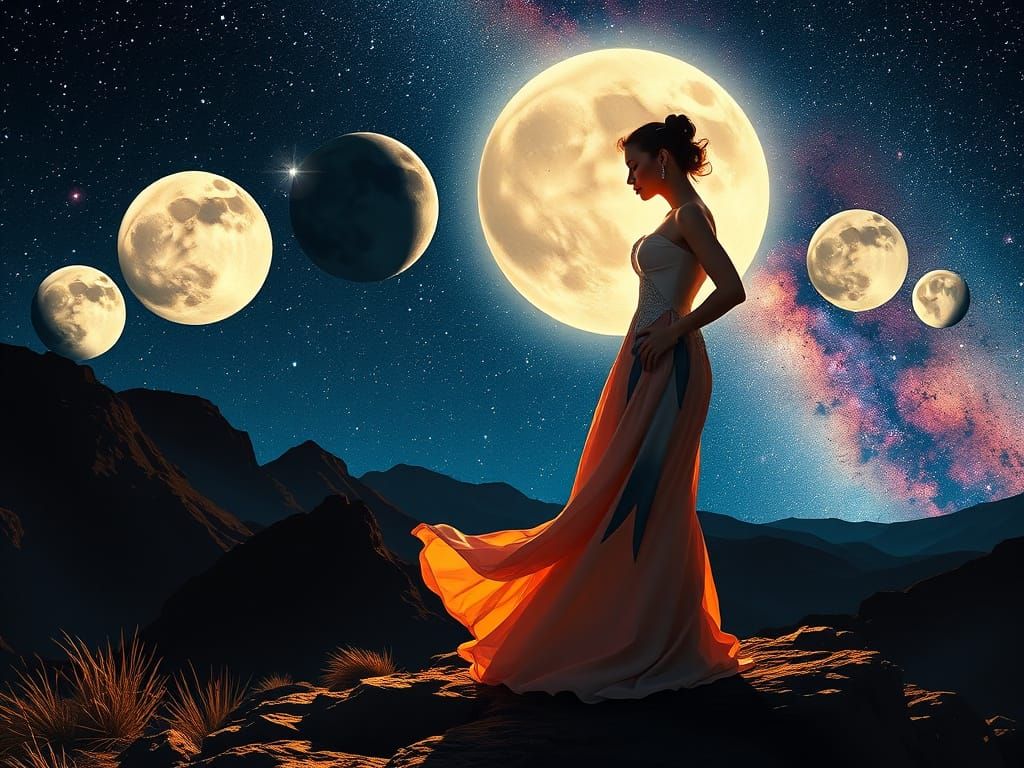 Moon Lady in Elegant Dress Amidst Lunar Phases