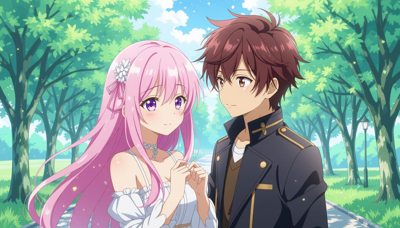 Couple with Magical Hairstyles in Enchanted Nature Scene