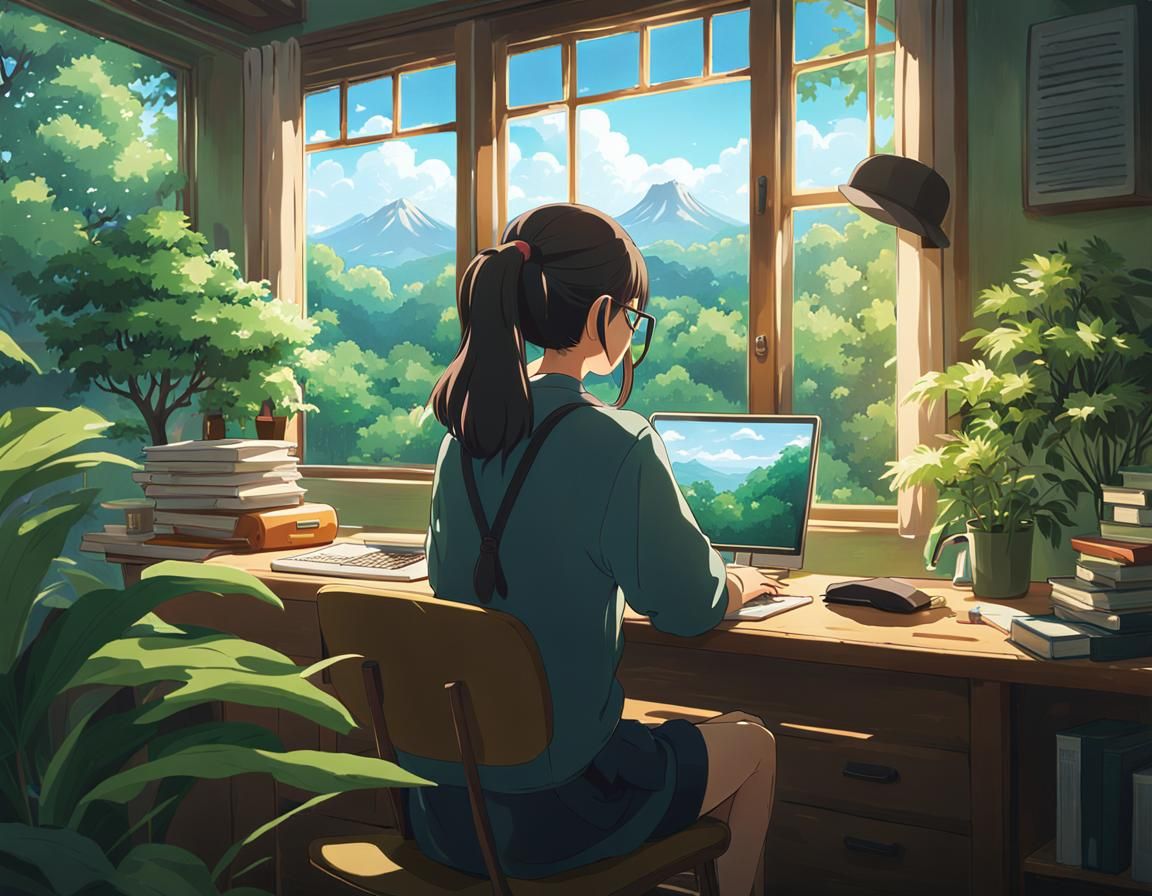 Anime Girl Working at Desk in Forest, Ghibli Style