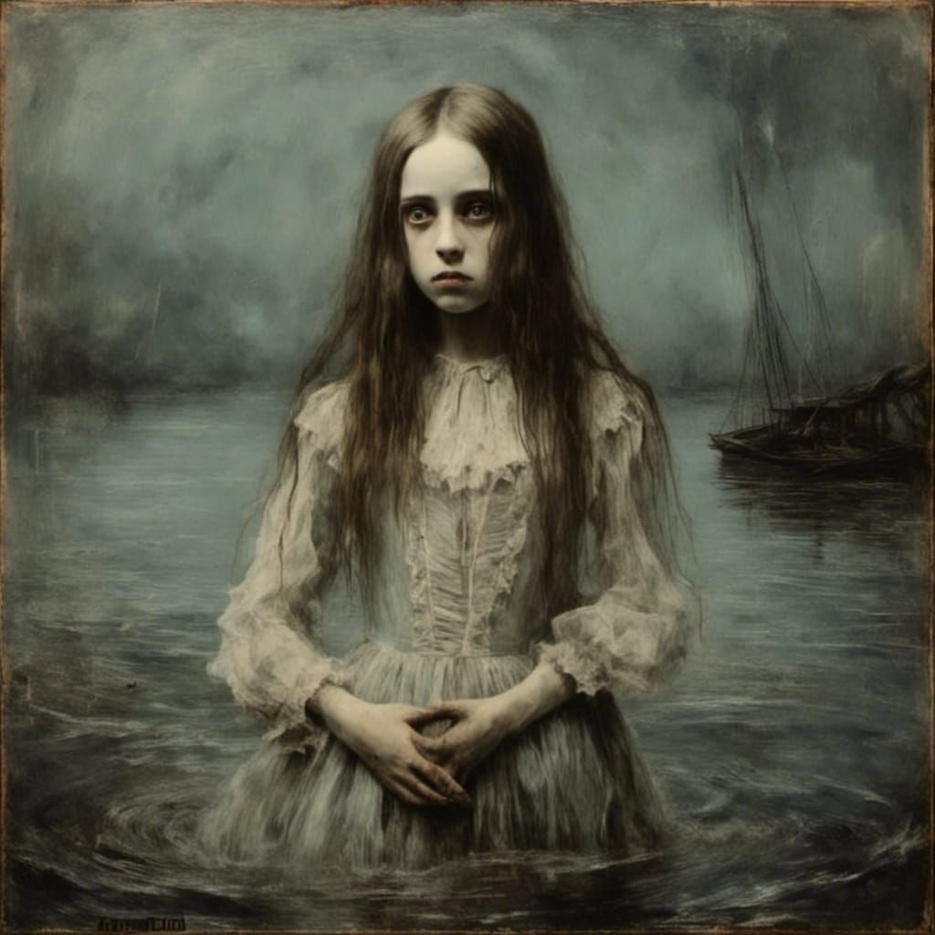 Victorian Girl in Foggy Lake, Surrealist Oil Painting