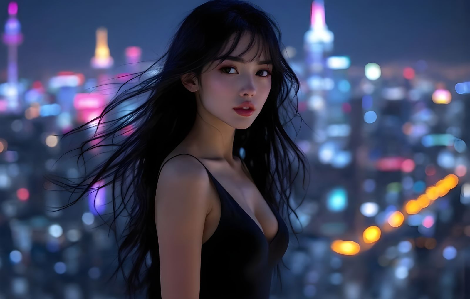 Young Woman with Flowing Hair and City Lights