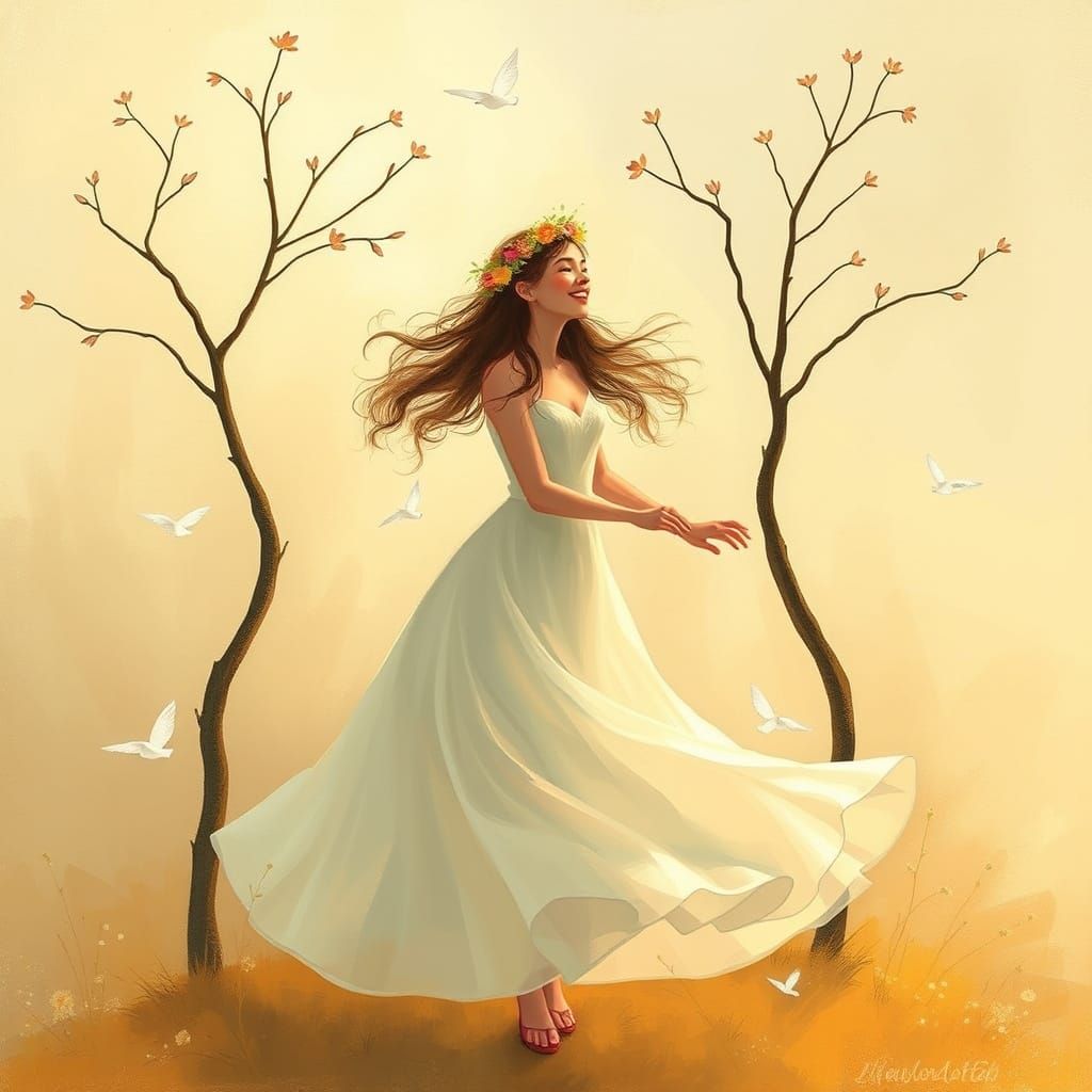 Whimsical Woman Dances with Trees in a Dreamy Impressionist ...