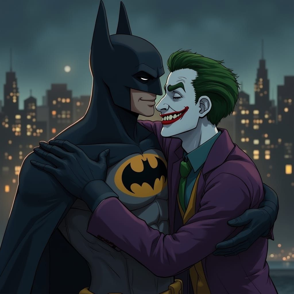 Batman and Joker Embrace in Gotham City