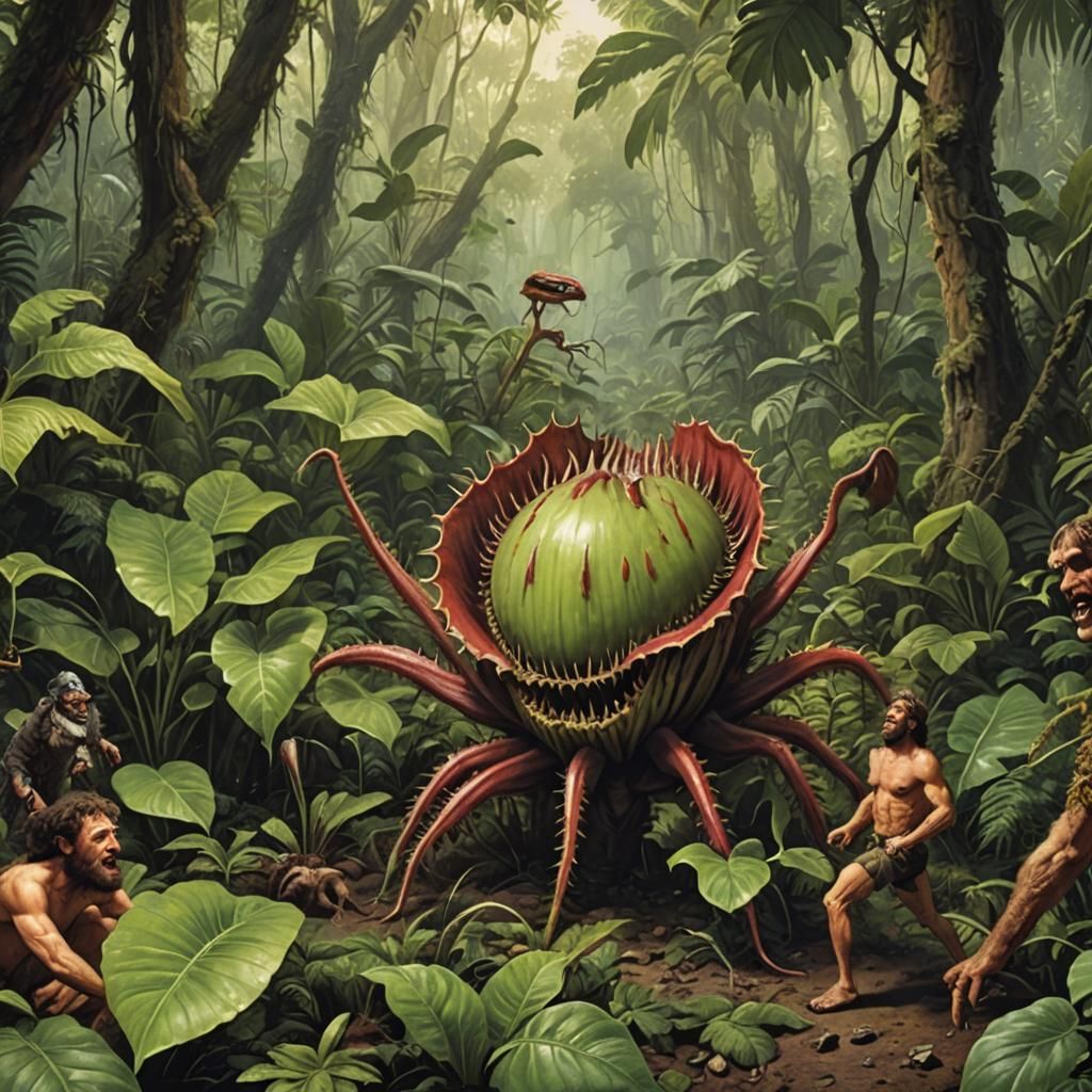 Giant Venus Flytrap Captures Caveman in Jungle