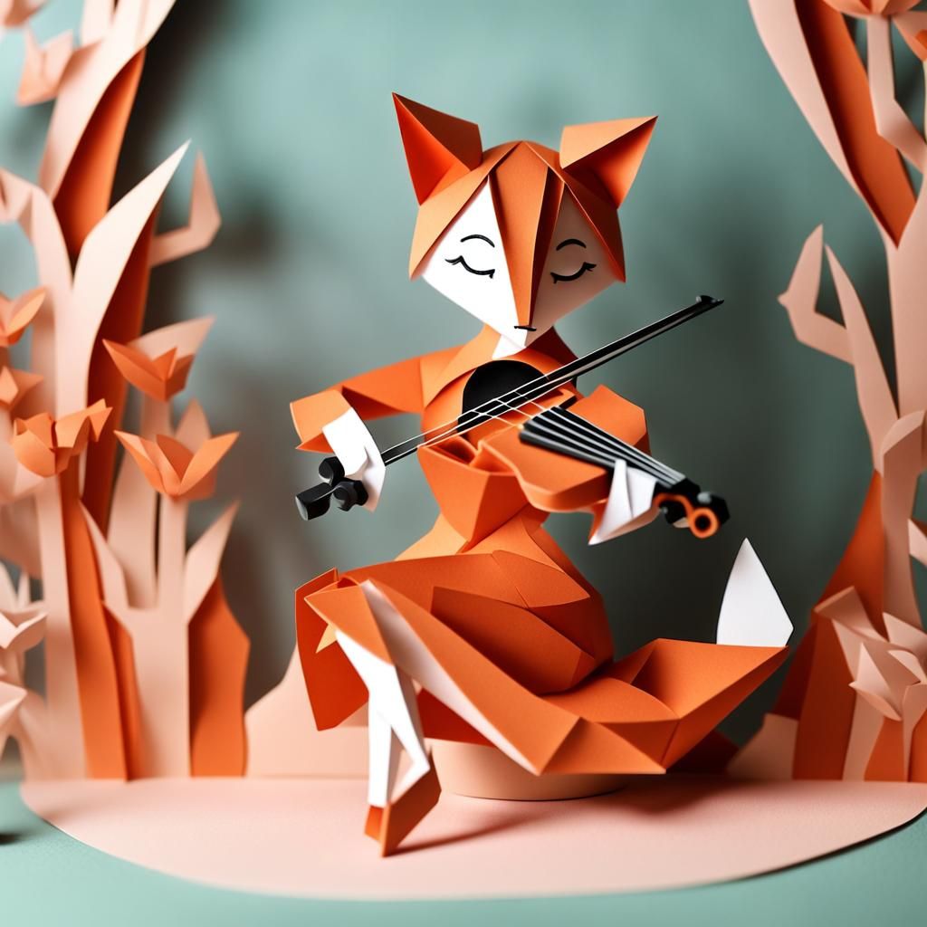 Kirigami Fox Girl Playing Violin in Papercraft Style
