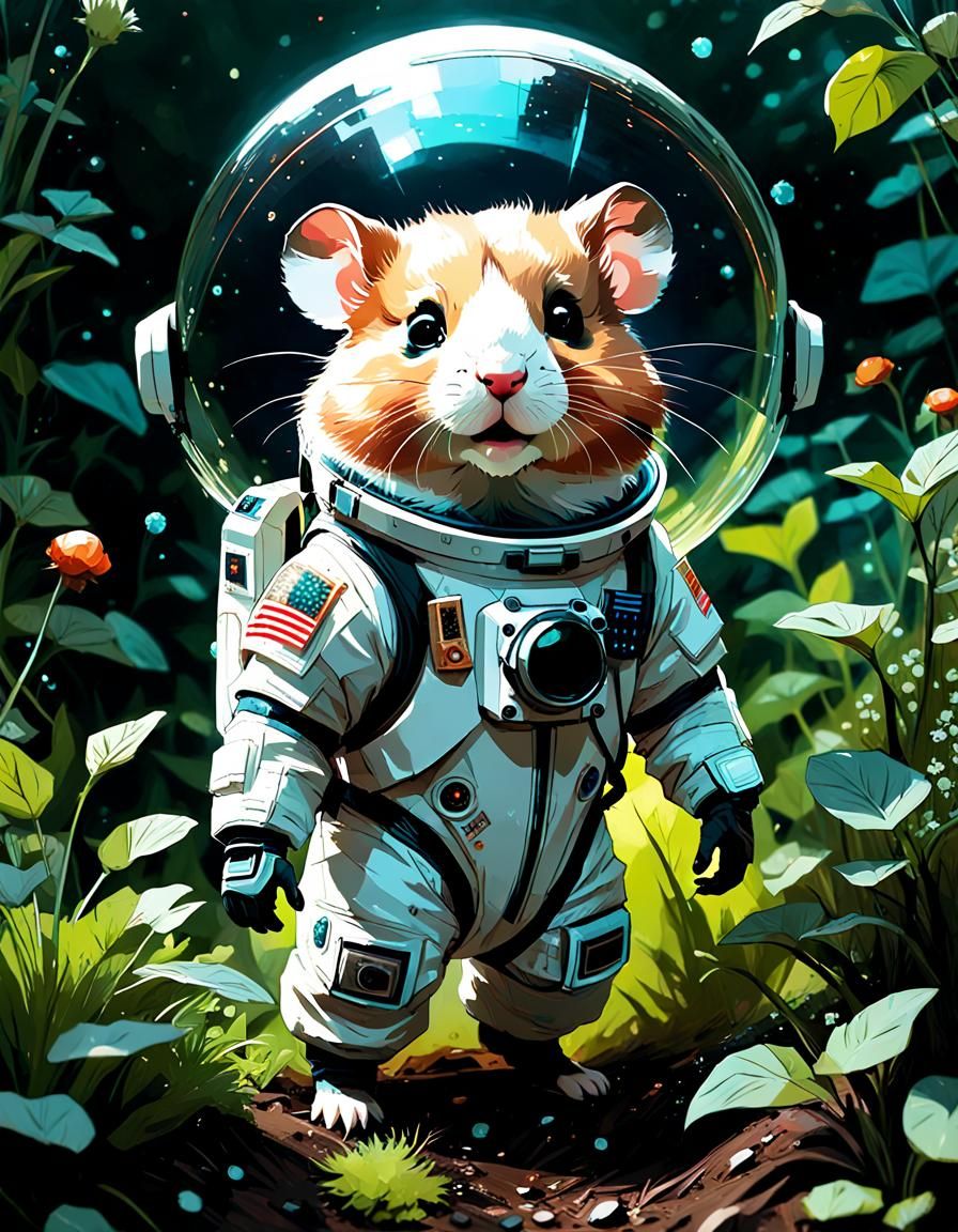 Hamster Astronaut in Garden, Digital Painting