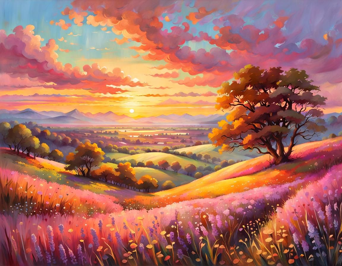 Romantic Meadow Sunset with Lavender and Fireflies