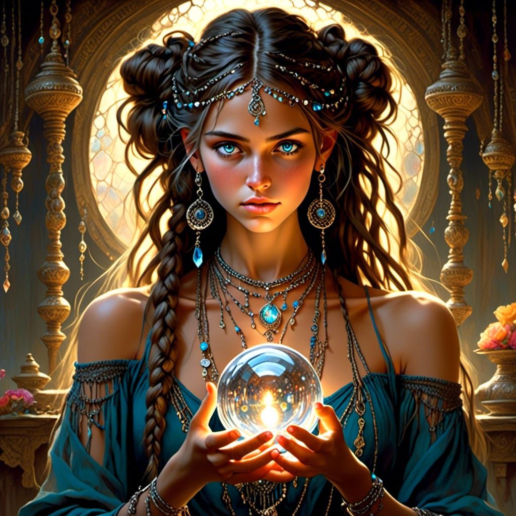 Photorealistic Gypsy Woman Gazing into Crystal Ball