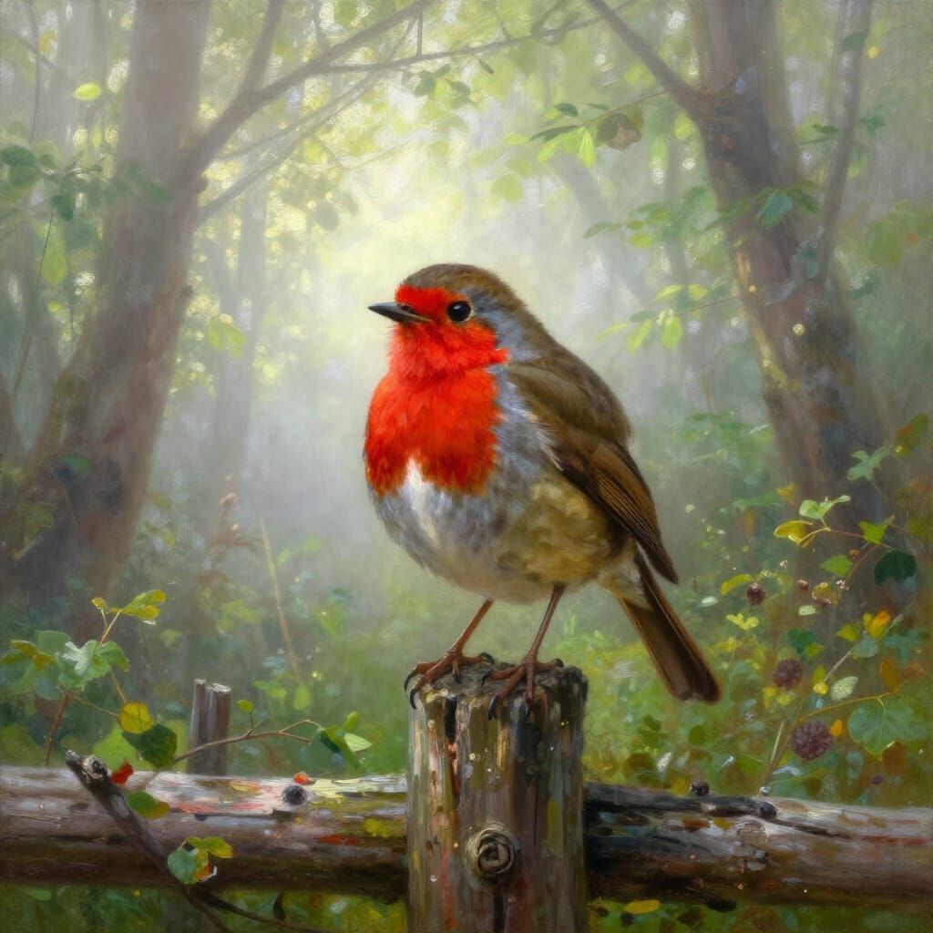 Robin Illuminated in Foggy Forest Oil Painting