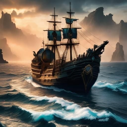 Flying Dutchman Sails on Dark Ocean