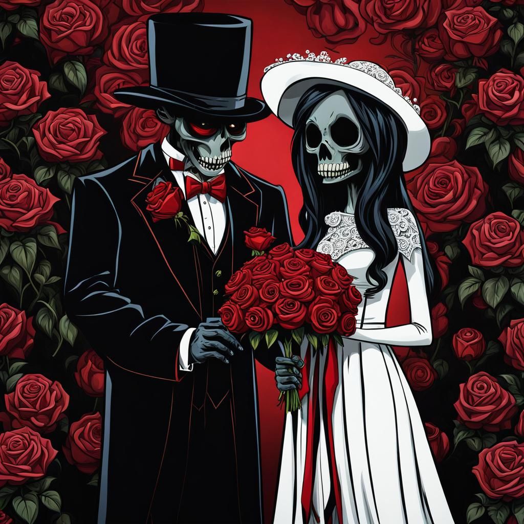 Horror Cartoon Wedding Ceremony with Withered Roses