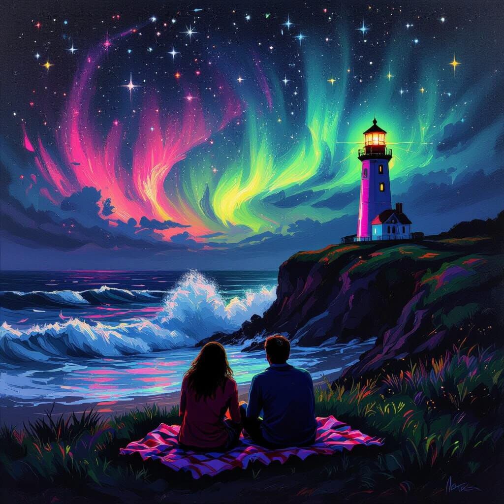 Impressionist Northern Lights Over Crashing Waves