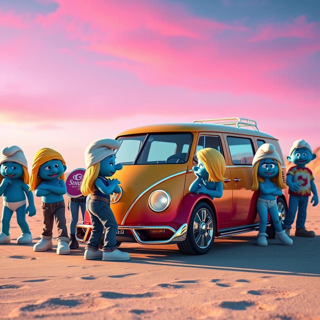Vibrant Smurfs Surround Futuristic Volkswagen Kombi Hypercar...