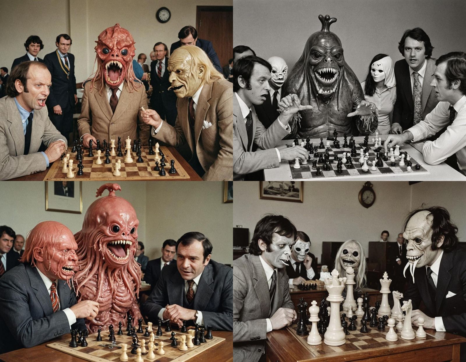 Surreal 1970s Chess Championship with Jellyfish Masks