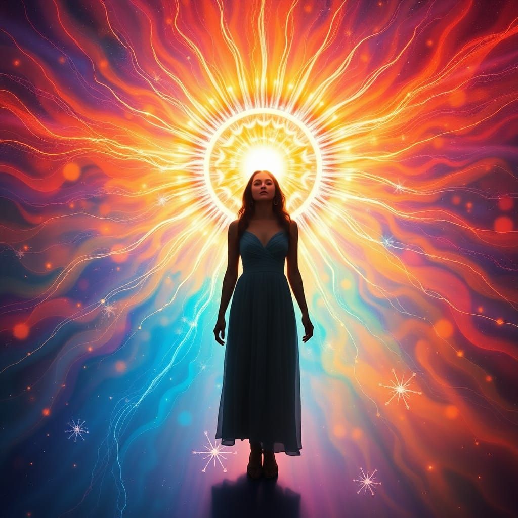 Woman Illuminated by Sun's Flares in Abstract Expressionism