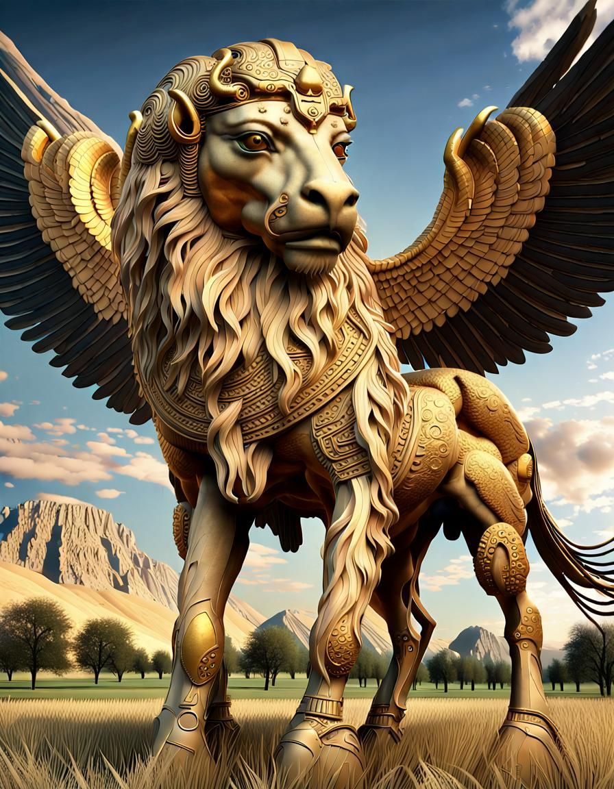 Lamassu Over Meadows in Airbrush Art