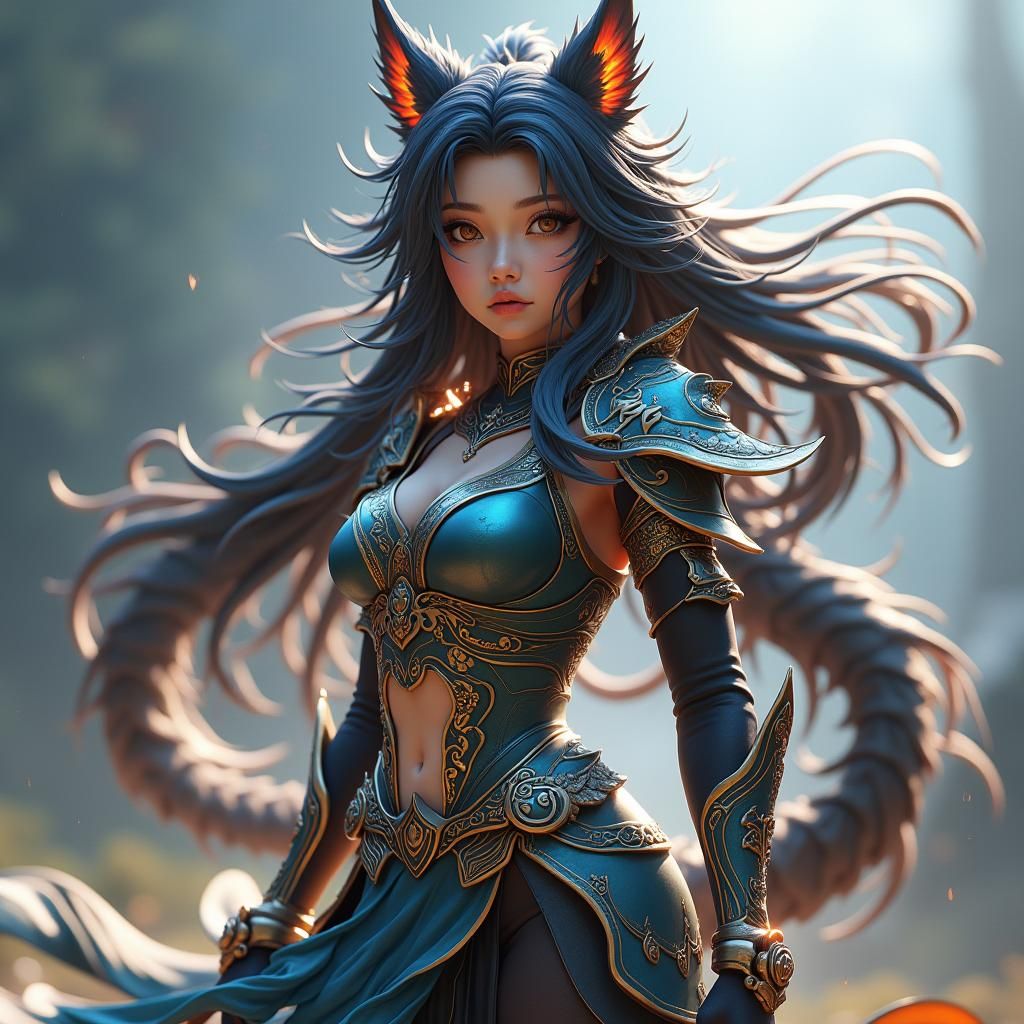Hybrid Girl with Dragon and Wolf Features in 3D Anime