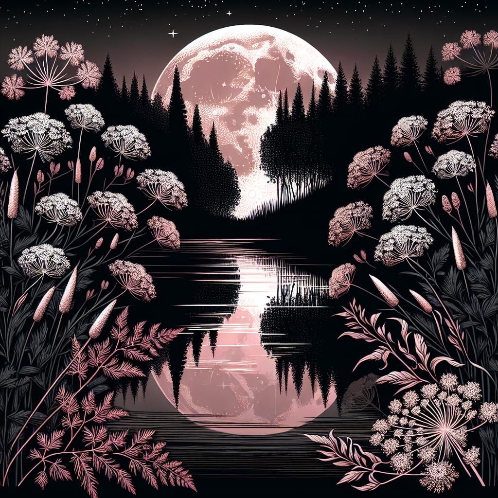 Moonlit River Reflecting Mystic Light in Black Rose Hues