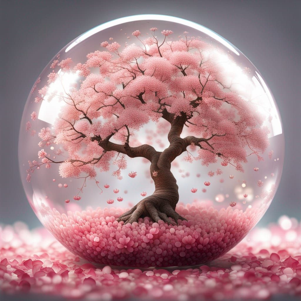 Cherry Blossom Tree in Glass Sphere, Photorealistic CGI