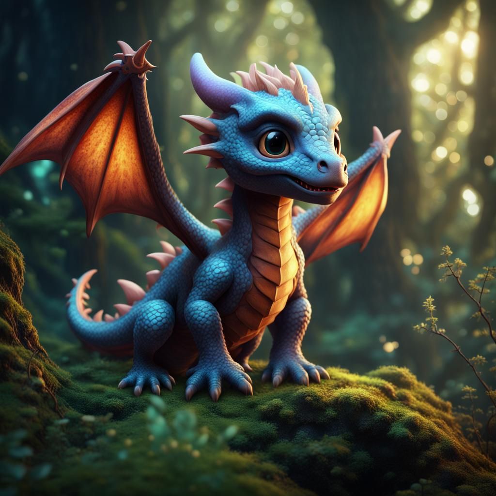 Cute Baby Dragon in Magic Forest