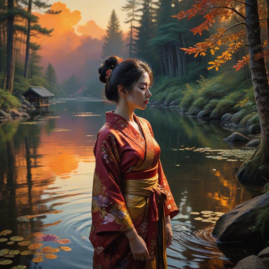 Charming Girl in Red Kimono Amidst Sunset and Forest
