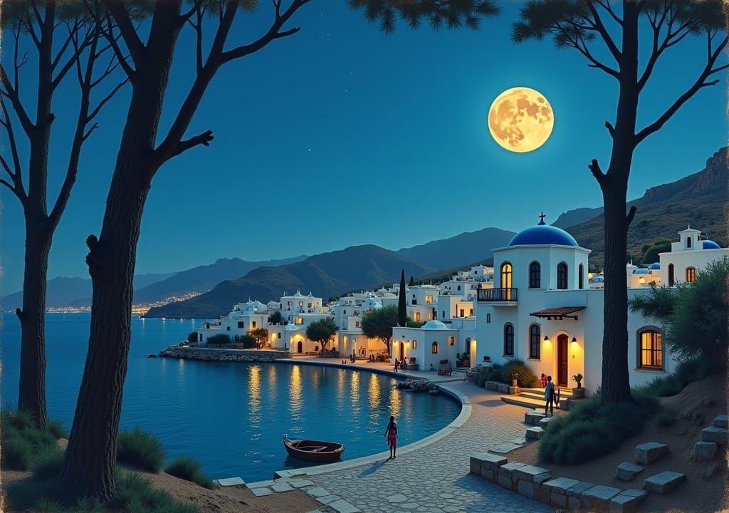 Moonlit Greek Island Village in Dreamy Oil Painting Style