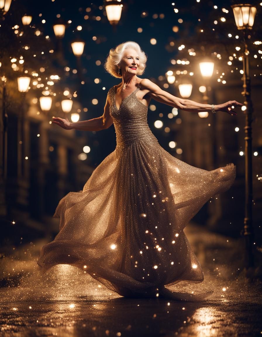 Elegant Woman Dancing in Glittering Night Scene