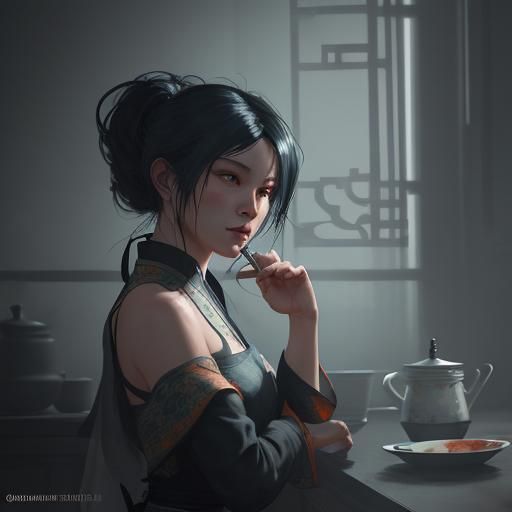 Monochrome Kitchen in Chinese Ink Wash Style