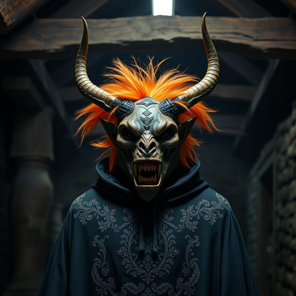 Menacing Masked Figure in Rustic Interior