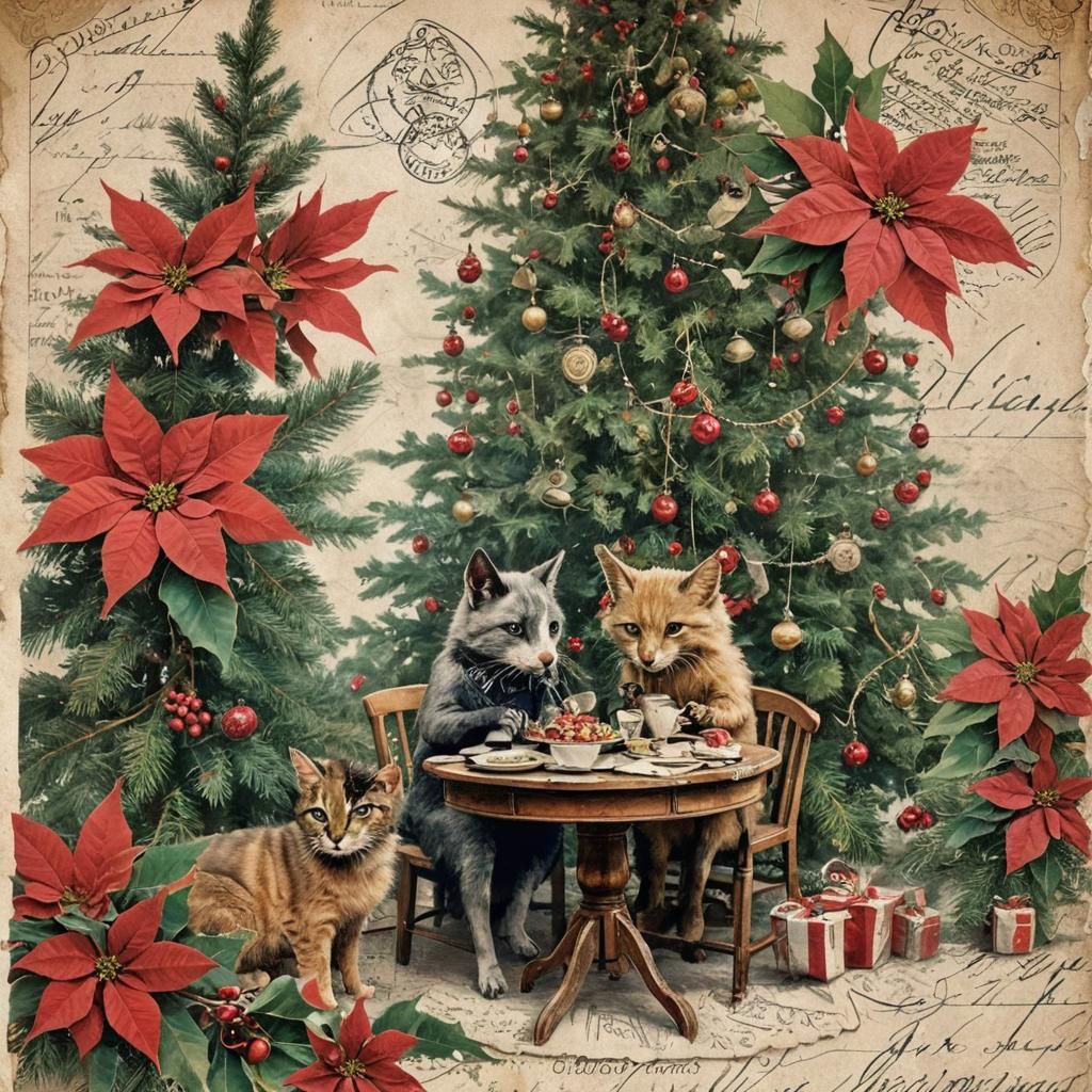 Steampunk Animals Celebrate Christmas: Antique Postcard