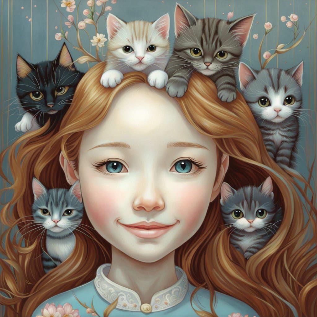 Detailed Portrait: Girl with Kittens, Whimsical Art
