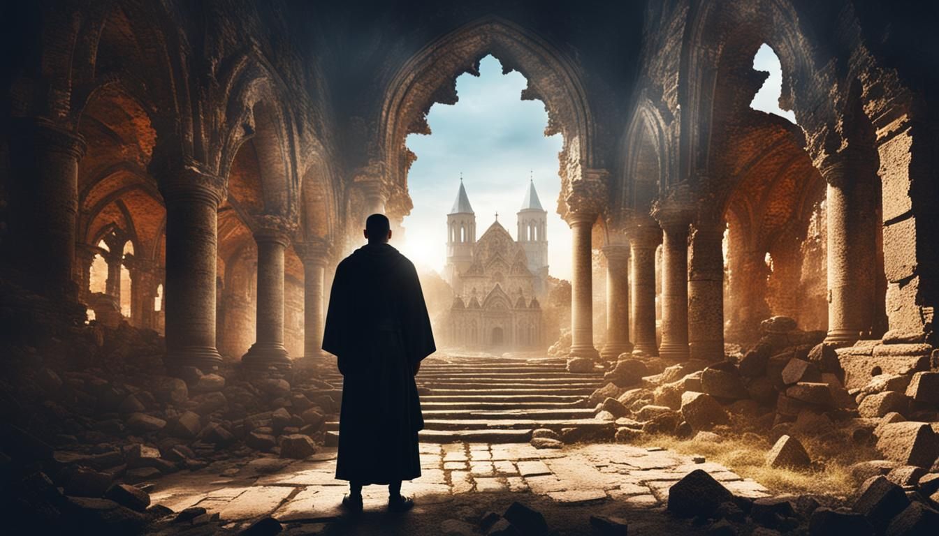 Monk Silhouette Merged with Monastery Ruins