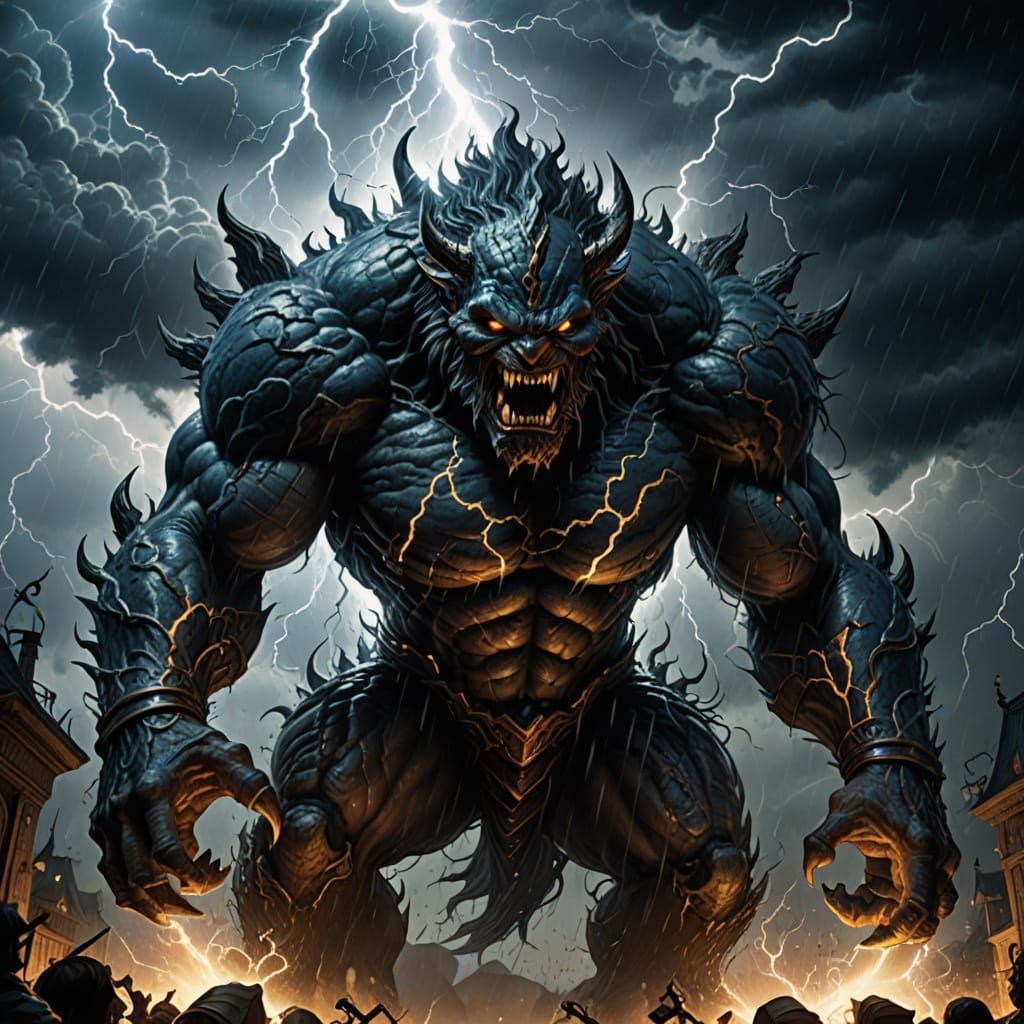 Angry Monster Emerges from Thundercloud in Dark Fantasy Art