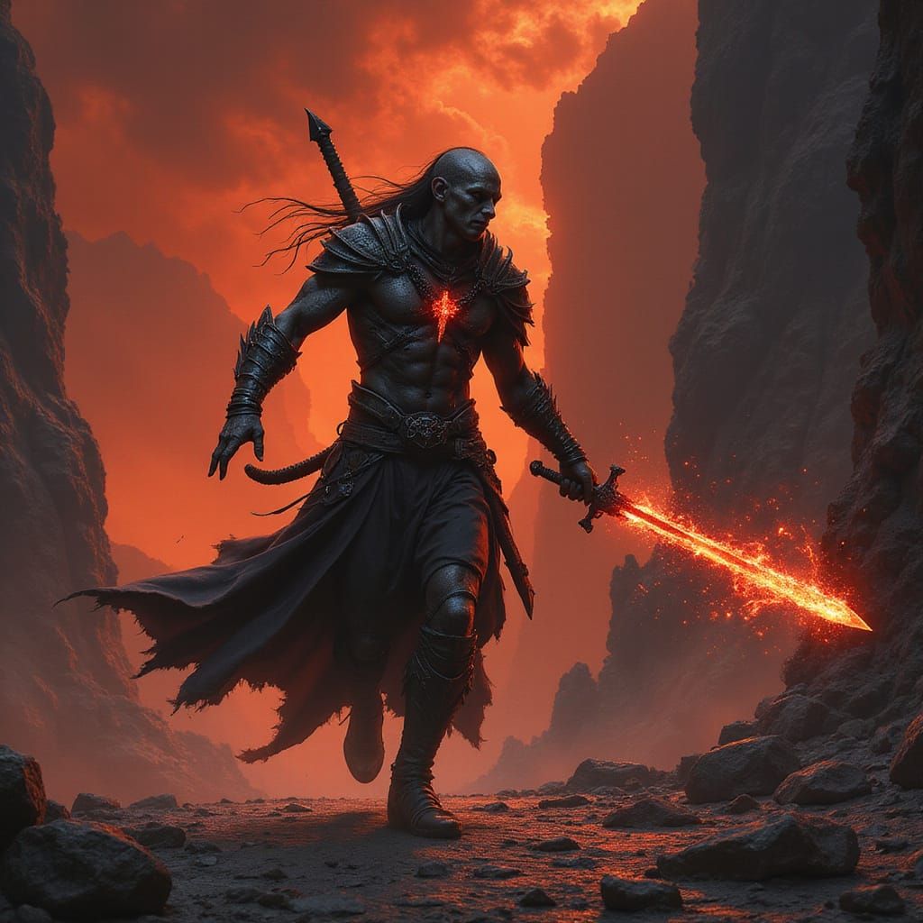 Elven Warrior in Volcanic Armor with Soul Blade