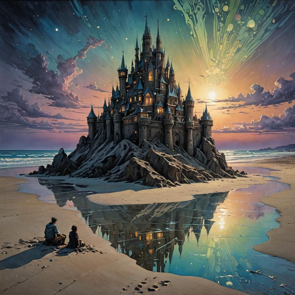 Iridescent Crystal Sand Castle at Dusk