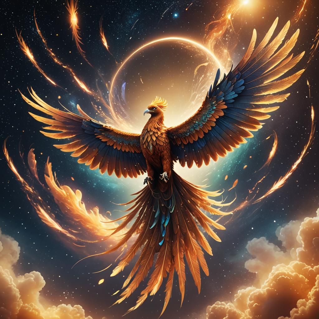 Cosmic Phoenix Soaring Through Starry Sky: Digital Art