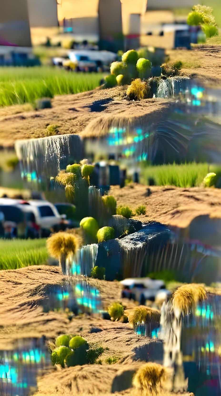 Aztec Waterscape with Holographic Sun in Golden Hour