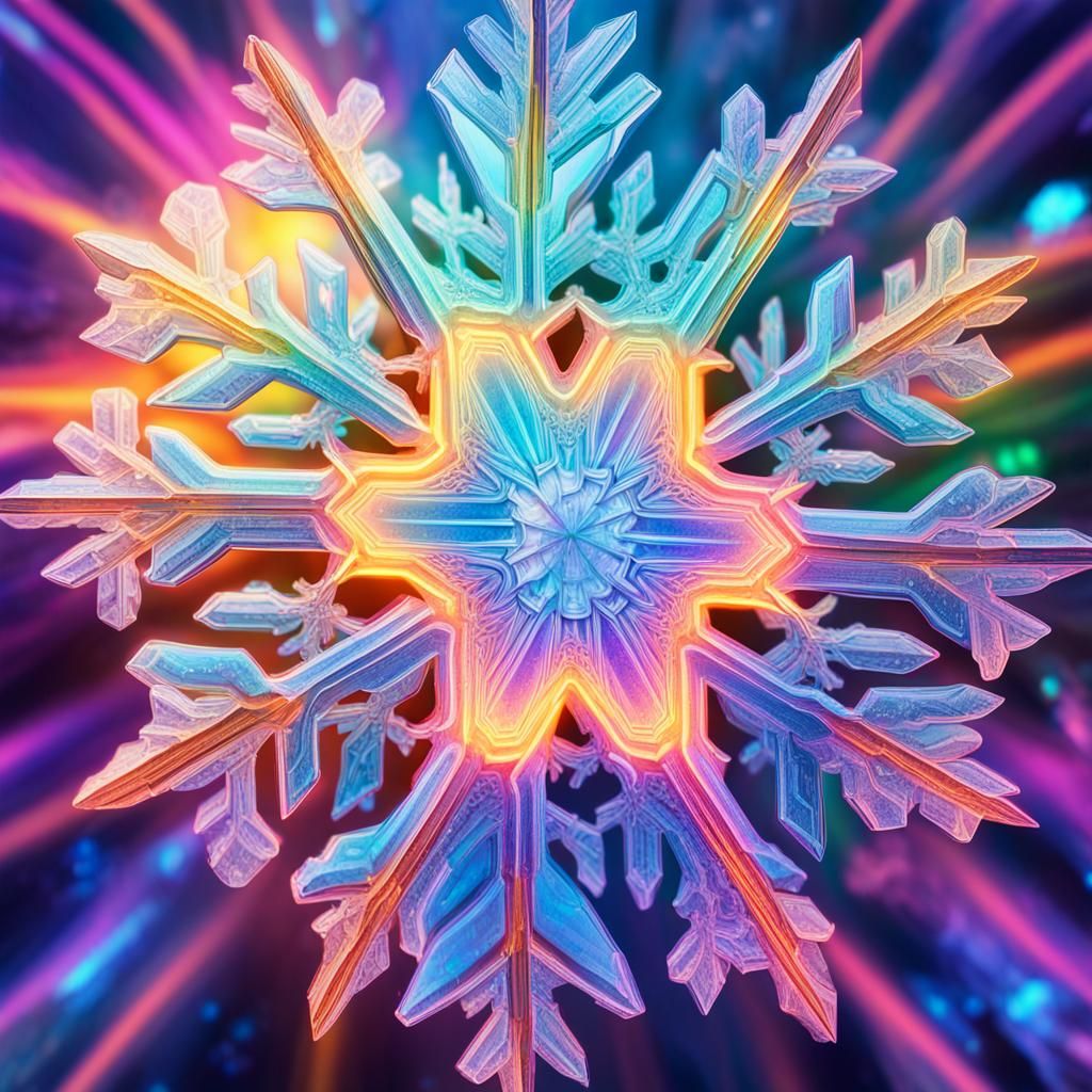 Glowing Snowflake Sparkles in Neon Light: Macro Photography