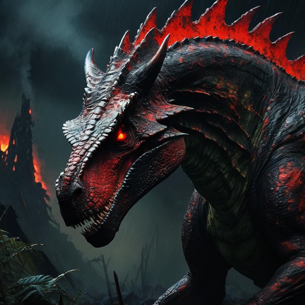 The Devil Rides a Dinosaur in Hellish Oil Painting