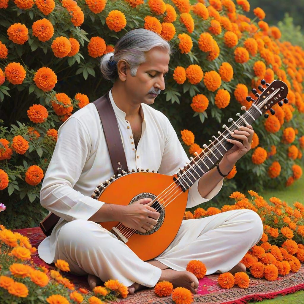 Sitar Player Lost in Vibrant Orange Bloom