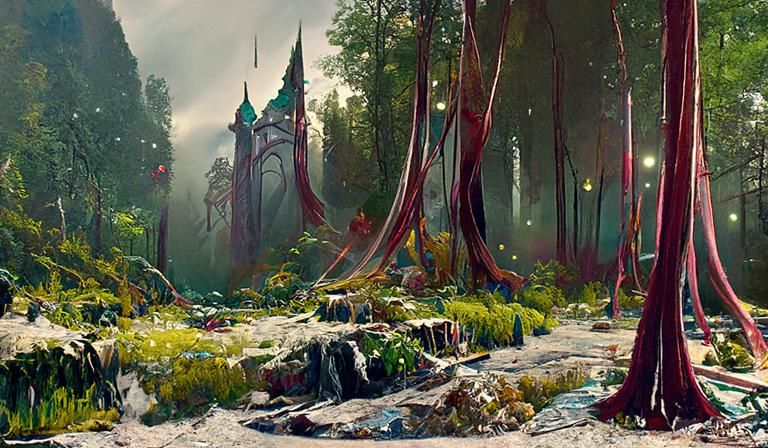 Ethereal Forest with Elven Architecture in Hyperrealism