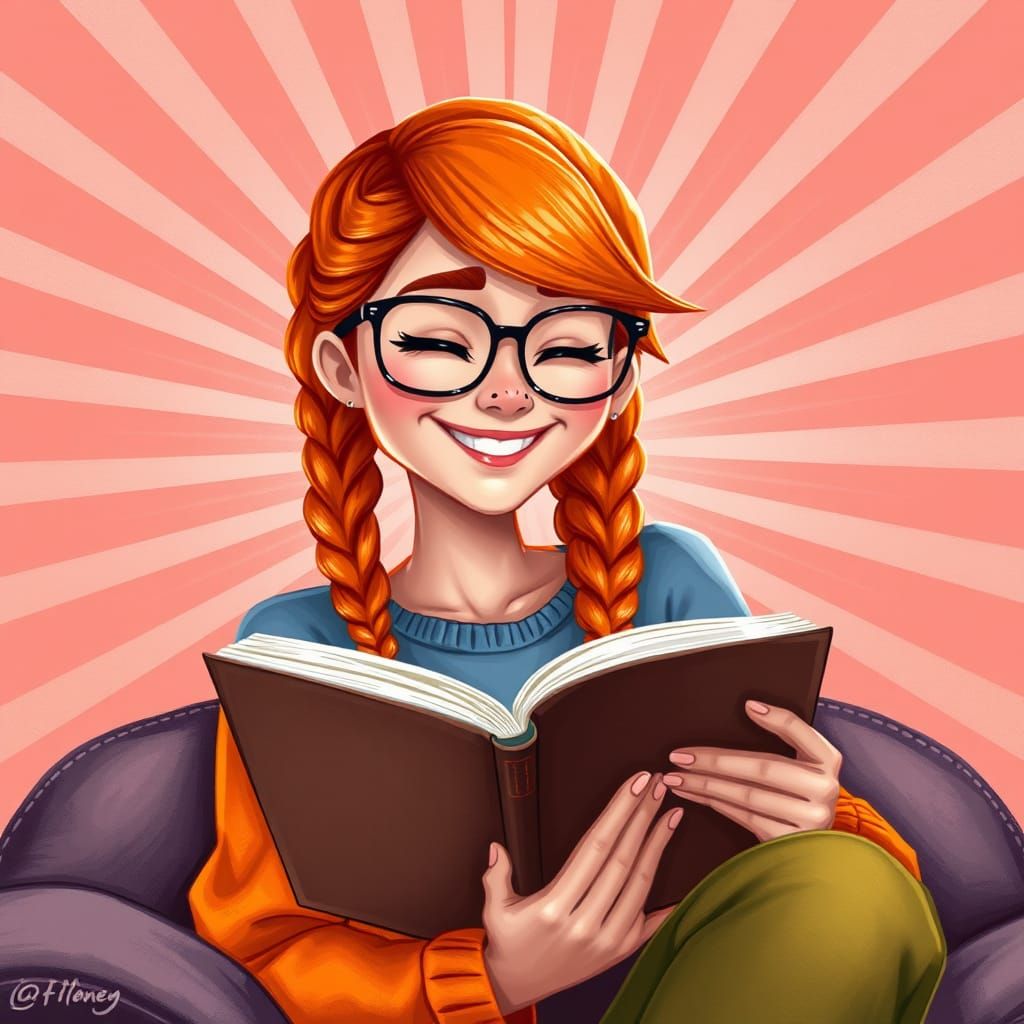 Smiling Ginger Woman Reading: Cartoon-Style Digital Art