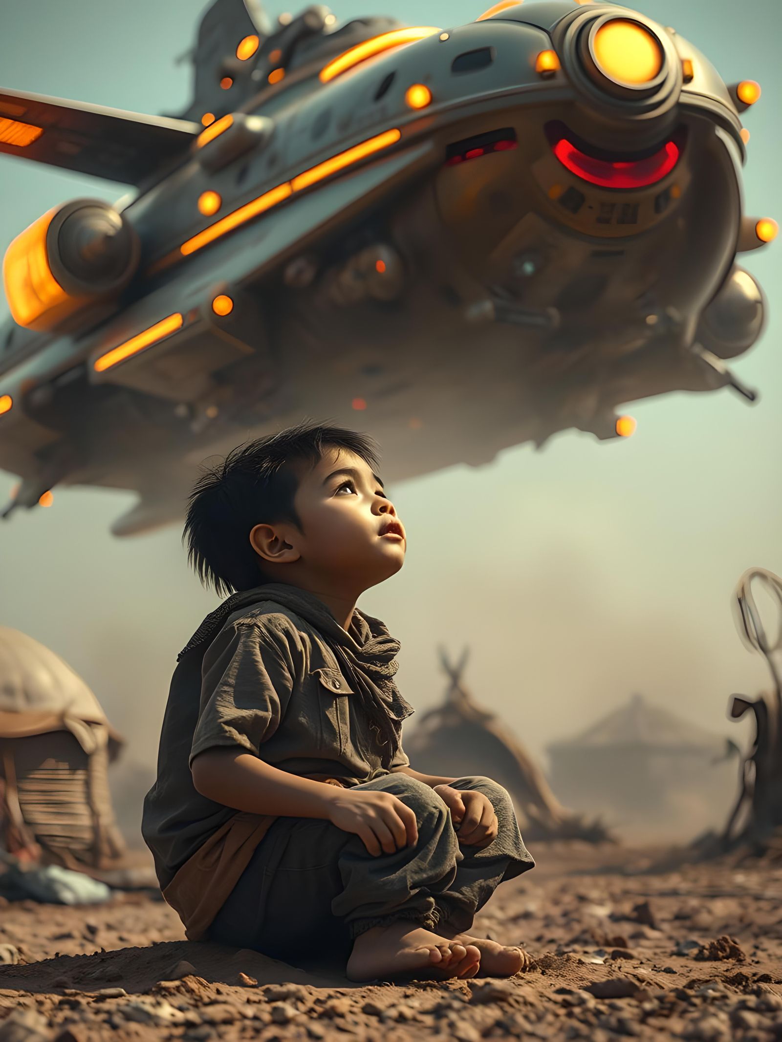 Retro Spaceship Over Refugee Camp: Digital Matte Painting